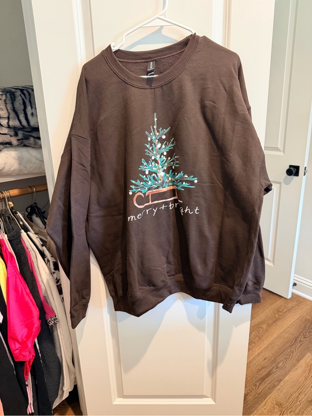 Gildan Brown Crewneck Sweatshirt with Teal Tree Graphic